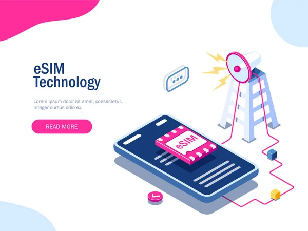 ESIM card chip sign. Gsm tower concept. Futuristic projection sim card. Modern telecommunication technology. Can use for web banner, infographics, hero images. Flat isometric vector illustration. — Stock Vector