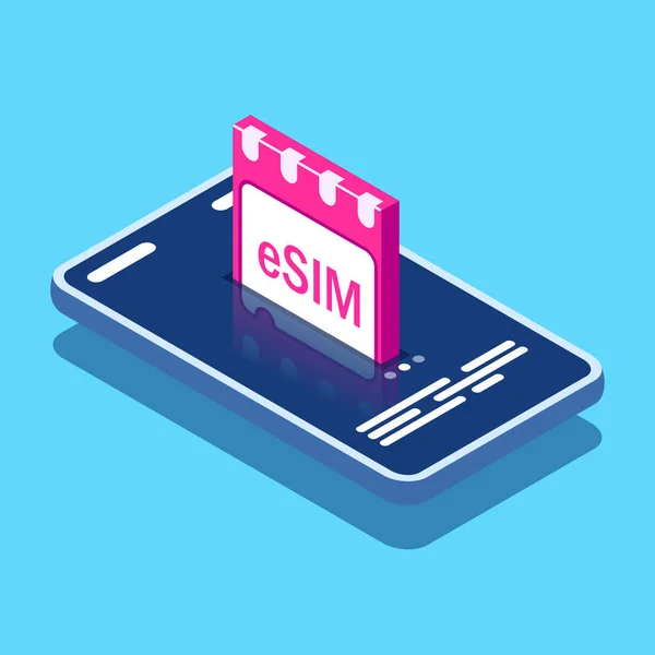 ESIM-kort chip tegn. Indlejret SIM-koncept. Ny mobilkommunikationsteknologi. Kan bruge til web banner, infografik, heltebilleder. Flad isometrisk vektorillustration . – Stock-vektor