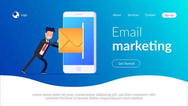 E-mail marketingconcept. Zakenman of manager het verzenden van e-mail met mobiele telefoon. Gesloten brief. Vector illustratie in moderne platte stijl. — Stockvector