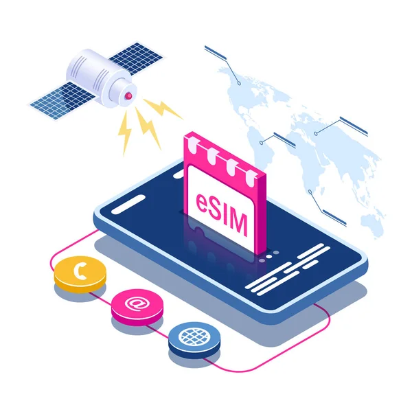 Esim卡芯片标志。嵌入式模拟概念。新的移动通信技术。世界地图背景上的卫星。可用于网页横幅，信息图，英雄图像。等轴测距矢量插图. — 图库矢量图片