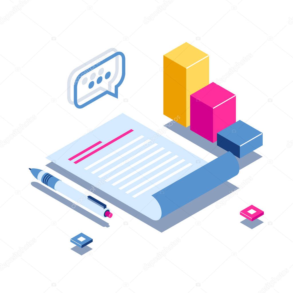 Daily report or inspection concept. Document and pen on background graphics. Can use for web banner, infographics, hero images. Isometric vector illustration.
