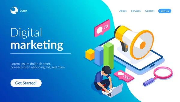 Vetor de marketing digital conceito isométrico. Publicidade na Internet . — Vetor de Stock