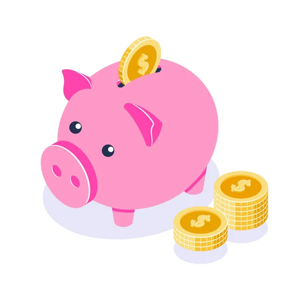 Piggy bank 3d vector in isometric style. Pink moneybox and coins stack. Illustration isolated on white background.