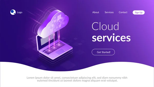 Cloud Computing 3D isometrisches Konzept. den Prozess des Datenaustauschs zwischen Cloud und Laptop. moderner Webservice. flache Vektorabbildung. — Stockvektor