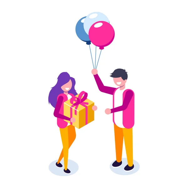 Beau petit ami présente un cadeau à sa belle fille et souriant. Ballon et coffret cadeau. Illustration isométrique vectorielle . — Image vectorielle