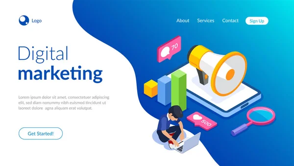 Digitale marketing vector isometrische concept. Internet reclame. — Stockvector
