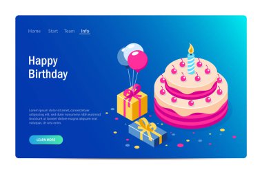 Happy Birthday 3d vektör kavramı. Mumlu kek. Hediyeler ve balonlar ile Kutu. Web afiş, infographics, kahraman görüntüleri için kullanabilirsiniz. Düz isometrik vektör çizimi.