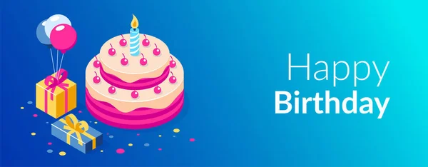 Grattis på födelsedagen 3D vektorkoncept. Tårta med ett ljus. Ask med gåvor och ballonger. Kan använda för webbbanner, Infographics, Hero images. Platt isometrisk vektor illustration. — Stock vektor