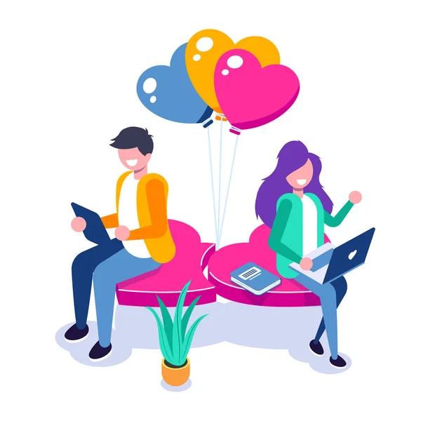 Young girl and a guy chatting sitting on a heart. Use portable devices for dating on the Internet or social networks. Vector isometric 3d illustration.