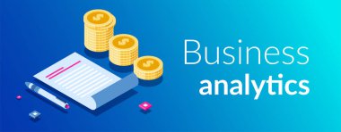 İş Analitiği ve Madeni Para Yığını İzometrik Kavramı. belgeyi ve otomatik kalemi zamanlamanın arka planında raporlama. Modern 3d düz tarzda vektör illüstrasyonu.