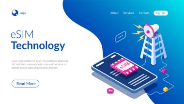 esim kart çip işareti. Gsm kule konsepti. Fütüristik projeksiyon sim kartı. Modern telekomünikasyon teknolojisi. Web afiş, infographics, kahraman görüntüleri için kullanabilirsiniz. Düz isometrik vektör çizimi.