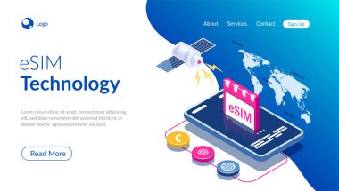 esim kart çip işareti. Gömülü Sim kavramı. Yeni mobil iletişim teknolojisi. Dünya haritası arka planında uydu. Web afiş, infographics, kahraman görüntüleri için kullanabilirsiniz. Biyometrik vektör illüstrasyonu.