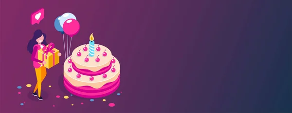 Gran concepto isométrico de pastel de cumpleaños. Chica feliz con un regalo en la mano celebra la fiesta. Puede utilizar para banner web, infografías, imágenes de héroes. Ilustración isométrica vectorial . — Vector de stock