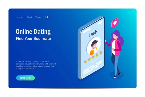 Online dating concept. Young girl evaluates the profile of a guy in a social network or application for dating. Five stars. Vector isometric 3d illustration. — Stock Vector