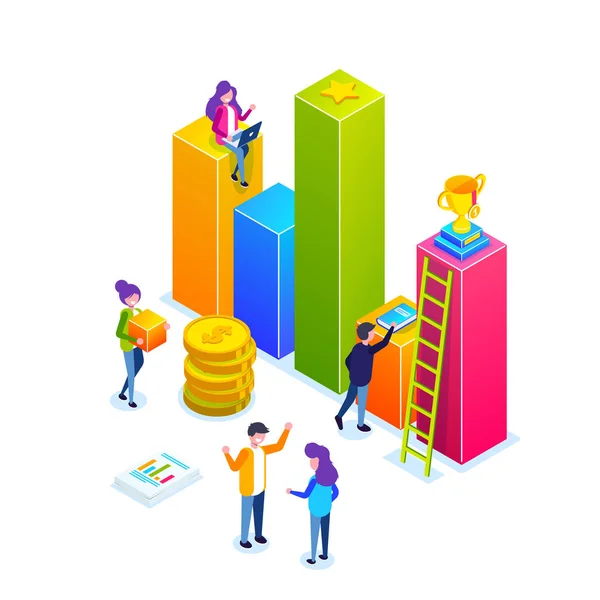 Infografía comercial o tabla de crecimiento. la gente pequeña construye un proceso de negocio. Debate de planes para el desarrollo empresarial. Vamos al éxito. Ilustración vectorial isométrica 3d . — Archivo Imágenes Vectoriales