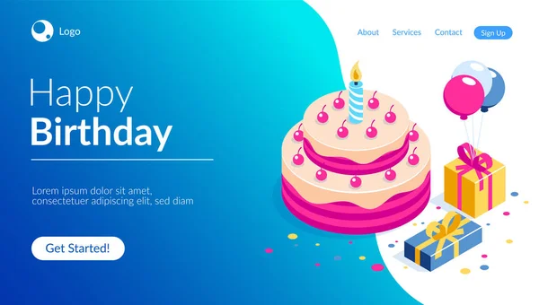 Alles Gute zum Geburtstag 3D-Vektor-Konzept. Kuchen mit einer Kerze. Box mit Geschenken und Luftballons. kann für Web-Banner, Infografiken, Helden-Bilder verwendet werden. flache isometrische Vektorabbildung. — Stockvektor