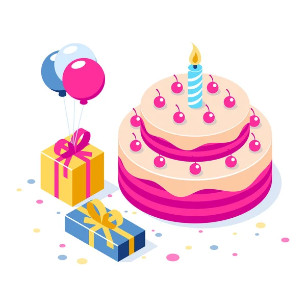 Alles Gute zum Geburtstag 3D-Vektor-Konzept. Kuchen mit einer Kerze. Box mit Geschenken und Luftballons. kann für Web-Banner, Infografiken, Helden-Bilder verwendet werden. flache isometrische Vektorabbildung. — Stockvektor