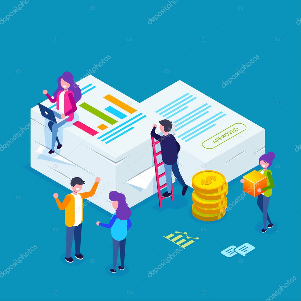 Financial report concept. People do paperwork concept design. Can use for web banner, infographics, hero images. Flat isometric vector illustration.