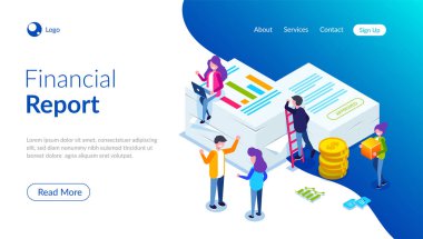 Finansal rapor konsepti. İnsanlar evrak kavramı tasarımını yapar. Web Banner, Infographics, kahraman görüntüleri için kullanabilirsiniz. Düz izometrik vektör çizim.