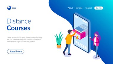 Mesafe kursları izometrik kavram. Web için online kütüphane Illustration. Adam cep telefonunda literatürü alır. Akıllı telefonda kitap.