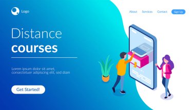 Mesafe kursları izometrik kavram. Web için online kütüphane Illustration. Adam cep telefonunda literatürü alır. Akıllı telefonda kitap.