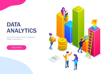 İş İnfografik veya büyüme grafiği. küçük insanlar bir iş süreci inşa. İş geliştirme planları tartışma. Başaralım. Vektör izometrik 3D illüstrasyon.