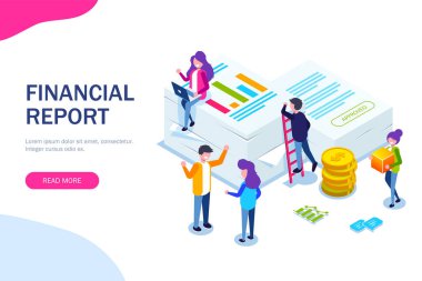 Finansal rapor konsepti. İnsanlar evrak kavramı tasarımını yapar. Web Banner, Infographics, kahraman görüntüleri için kullanabilirsiniz. Düz izometrik vektör çizim.