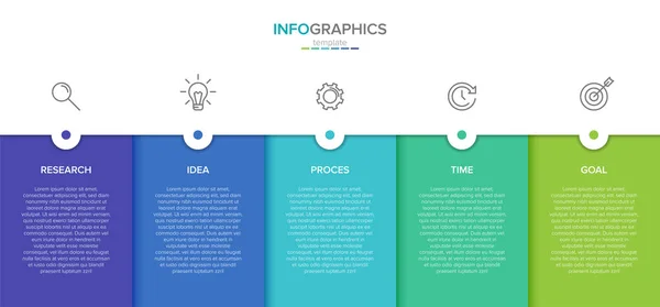 सलग 5 चरणांसह बाण व्यवसाय मॉडेलची संकल्पना. पाच रंगीत आयताकृती घटक. माहितीपत्रक, सादरीकरणासाठी टाइमलाइन डिझाइन. इन्फोग्राफिक डिझाइन लेआउट . — स्टॉक व्हेक्टर