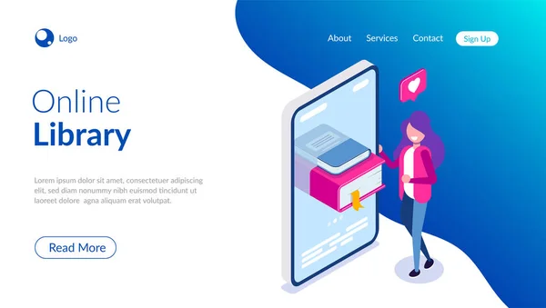 オンライン ライブラリの概念。お使いの携帯電話やタブレットで書籍。若い女の子は読書が大好きです。ウェブバナー、インフォグラフィック、ヒーロー画像に使用できます。ベクトルアイソメ 3d イラストレーション. — ストックベクタ