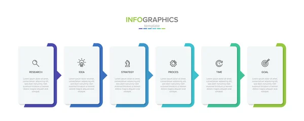 Concept van pijl business model met 6 opeenvolgende stappen. Zes kleurrijke rechthoekige elementen. Tijdlijn ontwerp voor brochure, presentatie. Infografische vormgeving. — Stockvector