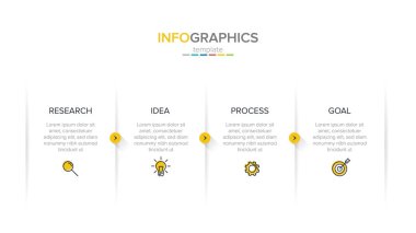 4 ardışık adımları ile ok iş modeli kavramı. Dört renkli dikdörtgen eleman. Broşür, sunum için zaman çizelgesi tasarımı. İnfografik tasarım düzeni.