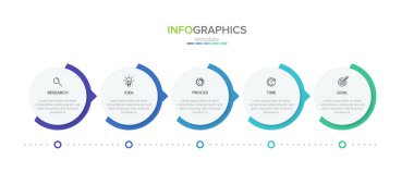 Simgeli vektör bilgi etiketi şablonu. 5 seçenek ya da adım. İş kavramı için bilgi grafikleri. Bilgi grafikleri, akış grafikleri, sunumlar, web siteleri, afişler, yazılı materyaller için kullanılabilir.