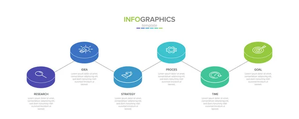 Fogalma nyíl üzleti modell 6 egymást követő lépéseket. Hat színes téglalap alakú elem. A brosúra, a prezentáció időrendje. Infografikai tervezési elrendezés. — Stock Vector