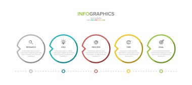 Simgeli vektör bilgi etiketi şablonu. 5 seçenek ya da adım. İş kavramı için bilgi grafikleri. Bilgi grafikleri, akış grafikleri, sunumlar, web siteleri, afişler, yazılı materyaller için kullanılabilir.