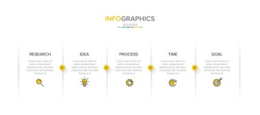 Simgeli vektör bilgi etiketi şablonu. 5 seçenek ya da adım. İş kavramı için bilgi grafikleri. Bilgi grafikleri, akış grafikleri, sunumlar, web siteleri, afişler, yazılı materyaller için kullanılabilir.