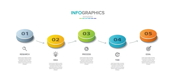 Wektorowy szablon etykiety infograficznej z ikonami. 5 opcji lub kroków. Infografika dla koncepcji biznesu. Może być stosowany do grafiki info, wykresy przepływu, prezentacje, strony internetowe, banery, materiały drukowane. — Wektor stockowy