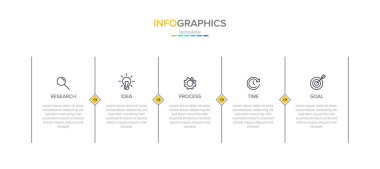 Simgeli vektör bilgi etiketi şablonu. 5 seçenek ya da adım. İş kavramı için bilgi grafikleri. Bilgi grafikleri, akış grafikleri, sunumlar, web siteleri, afişler, yazılı materyaller için kullanılabilir.