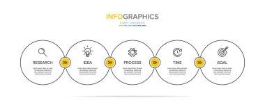 Simgeli vektör bilgi etiketi şablonu. 5 seçenek ya da adım. İş kavramı için bilgi grafikleri. Bilgi grafikleri, akış grafikleri, sunumlar, web siteleri, afişler, yazılı materyaller için kullanılabilir.