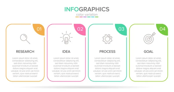 Φορέα infographic ετικέτα πρότυπο με εικονίδια. 4 επιλογές ή βήματα. Infographics για επιχειρηματική ιδέα. Μπορεί να χρησιμοποιηθεί για πληροφορίες γραφικά, διαγράμματα ροής, παρουσιάσεις, ιστοσελίδες, banners, έντυπο υλικό. — Διανυσματικό Αρχείο