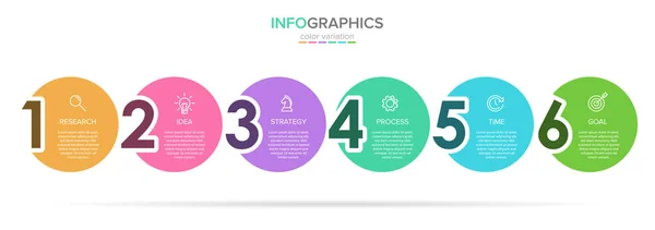 Szablon etykiety infografiki Vector z ikonami. 6 opcji lub kroków. Infografiki dla koncepcji biznesowej. Może być używany do informacji graficznych, wykresy przepływu, prezentacje, strony internetowe, banery, materiały drukowane. — Wektor stockowy