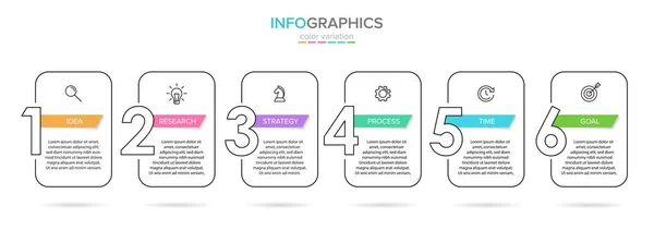 Vector infografik etikettmall med ikoner. 6 alternativ eller steg. Infographics för affärsidé. Kan användas för info grafik, flödesscheman, presentationer, webbplatser, banners, tryckt material. — Stock vektor