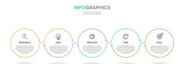 Simgeli vektör bilgi etiketi şablonu. 5 seçenek ya da adım. İş kavramı için bilgi grafikleri. Bilgi grafikleri, akış grafikleri, sunumlar, web siteleri, afişler, yazılı materyaller için kullanılabilir.