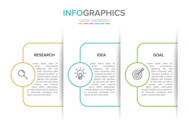 3 ardışık adımları ile ok iş modeli kavramı. Üç renkli dikdörtgen eleman. Broşür, sunum için zaman çizelgesi tasarımı. İnfografik tasarım düzeni.