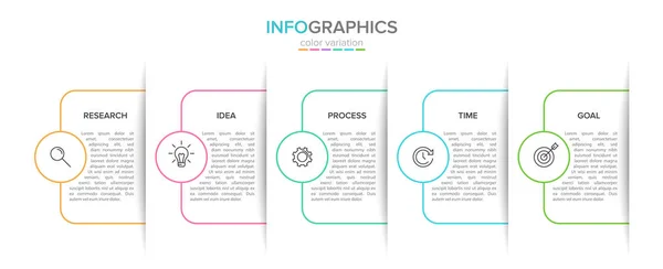 Koncepcja Arrow modelu biznesowego z 5 kolejnymi etapami. Pięć kolorowych prostokątnych elementów. Projekt osi czasu dla broszury, prezentacji. Układ projektowania infograficznego. — Wektor stockowy