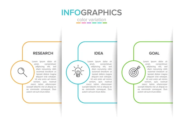 Konzept des Pfeil-Geschäftsmodells mit 3 aufeinander folgenden Schritten. drei bunte rechteckige Elemente. Timeline Design für Broschüre, Präsentation. Gestaltung der Infografik. — Stockvektor