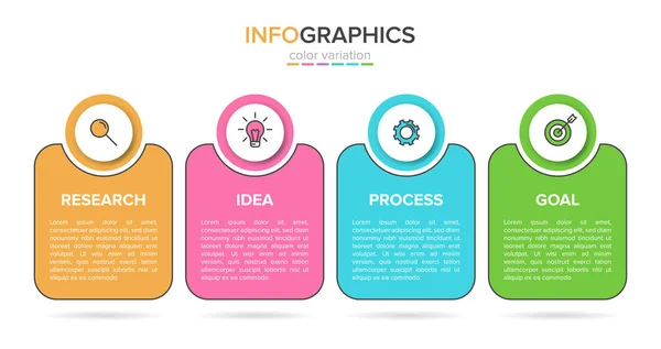 Fogalma nyíl üzleti modell 4 egymást követő lépéseket. Négy színes téglalap alakú elem. Ütemterv tervezés brosúrához, bemutatóhoz. Infographic design elrendezés. — Stock Vector