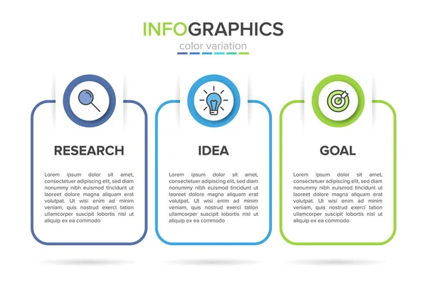 Konzept des Pfeil-Geschäftsmodells mit 3 aufeinander folgenden Schritten. drei bunte rechteckige Elemente. Timeline Design für Broschüre, Präsentation. Gestaltung der Infografik. — Stockvektor