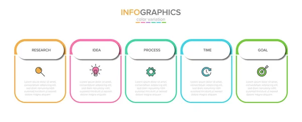 Concept van Arrow business model met 5 opeenvolgende stappen. Vijf kleurrijke rechthoekige elementen. Tijdlijn ontwerp voor brochure, presentatie. Infographic ontwerp layout. — Stockvector