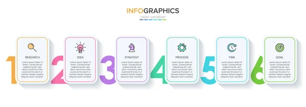 Koncepcja Arrow modelu biznesowego z 6 kolejnymi etapami. Pięć kolorowych prostokątnych elementów. Projekt osi czasu dla broszury, prezentacji. Układ projektowania infograficznego. — Wektor stockowy