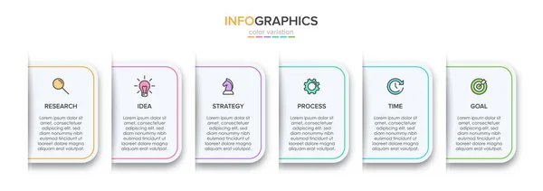 6 ardışık adımları ile ok iş modeli kavramı. Beş renkli dikdörtgen eleman. Broşür, sunum için zaman çizelgesi tasarımı. İnfografik tasarım düzeni. — Stok Vektör